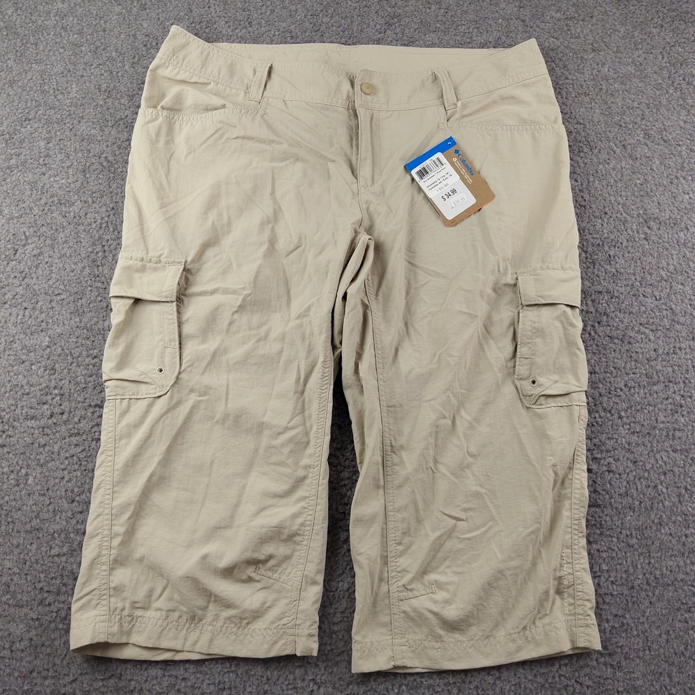 Columbia Knee Pant Sz 12 Sun Goddess Tan Cargo Omni-Shade Hiking Cropped NWT